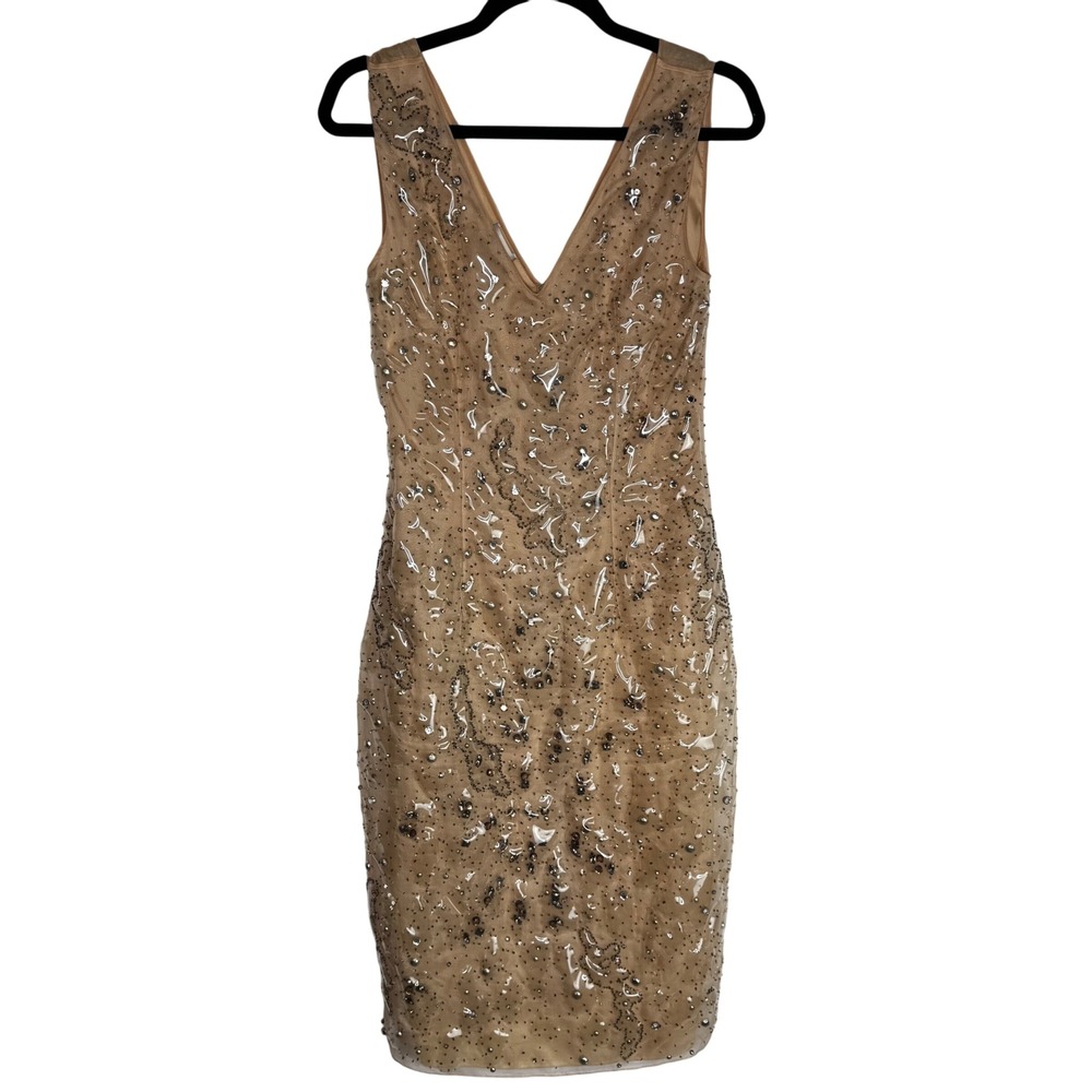 Philosophy di Alberta Ferretti Sz4 Beaded Rhinestone Sheer 100% Silk‎ Tan Dress
